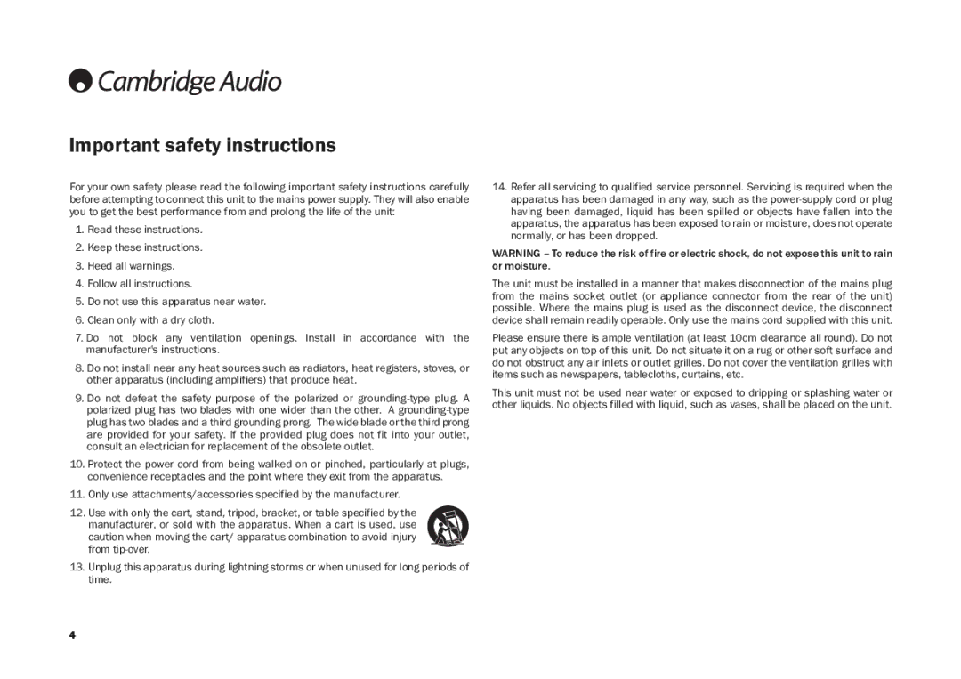 Cambridge Audio CD30 user manual Important safety instructions 