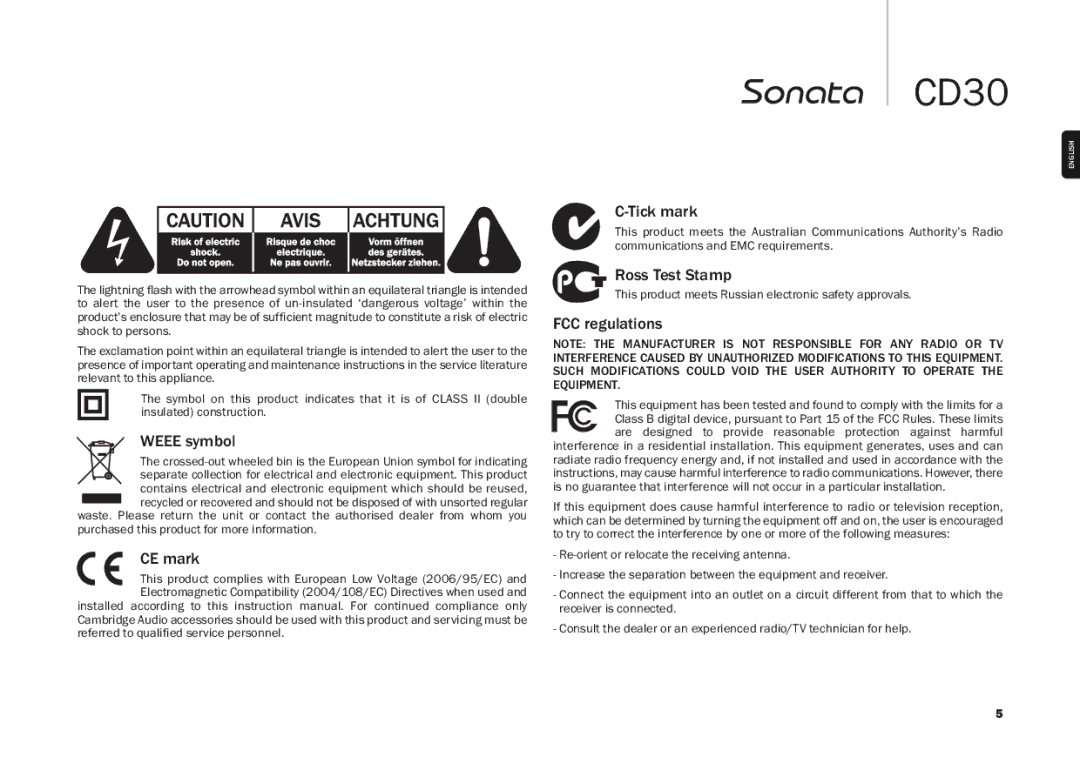 Cambridge Audio CD30 user manual Weee symbol, CE mark, Tick mark, Ross Test Stamp, FCC regulations 