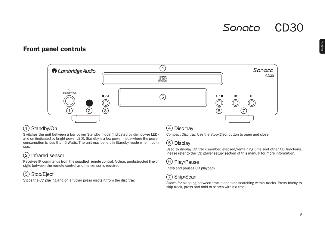 Cambridge Audio CD30 user manual Front panel controls 