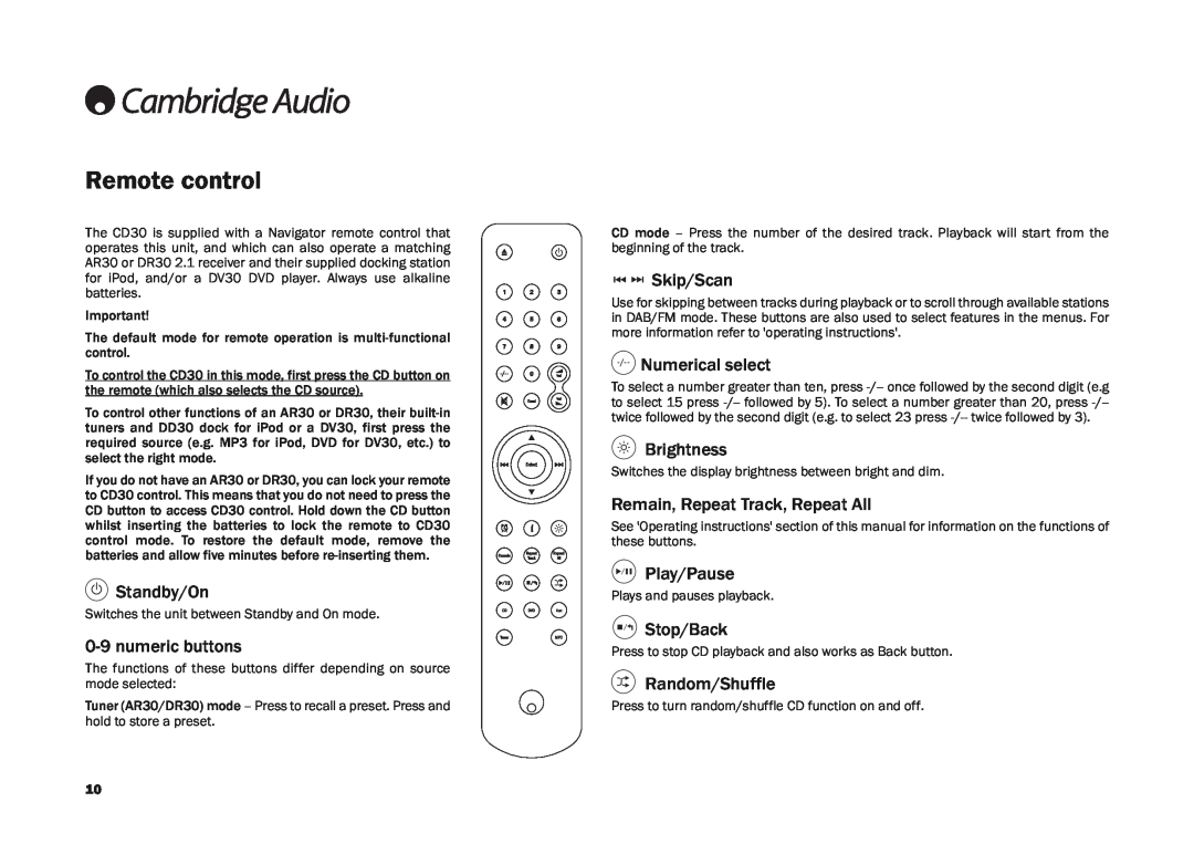 Cambridge Audio CD30 Remote control, Standby/On, 0-9numeric buttons, Numerical select, Brightness, Play/Pause, Stop/Back 