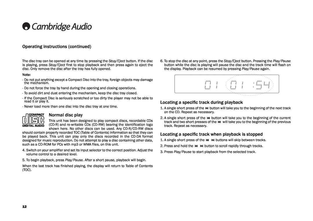 Cambridge Audio CD30 Operating instructions continued, Normal disc play, Locating a specific track during playback 