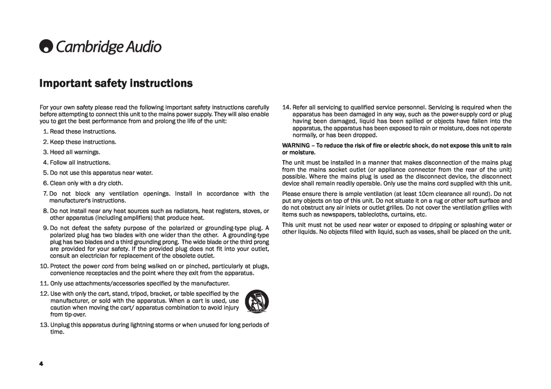 Cambridge Audio CD30 user manual Important safety instructions 