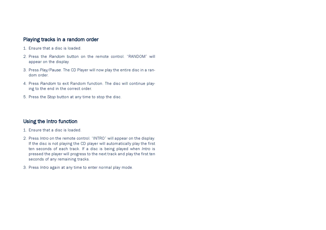 Cambridge Audio CD5 user manual Playing tracks in a random order, Using the Intro function 