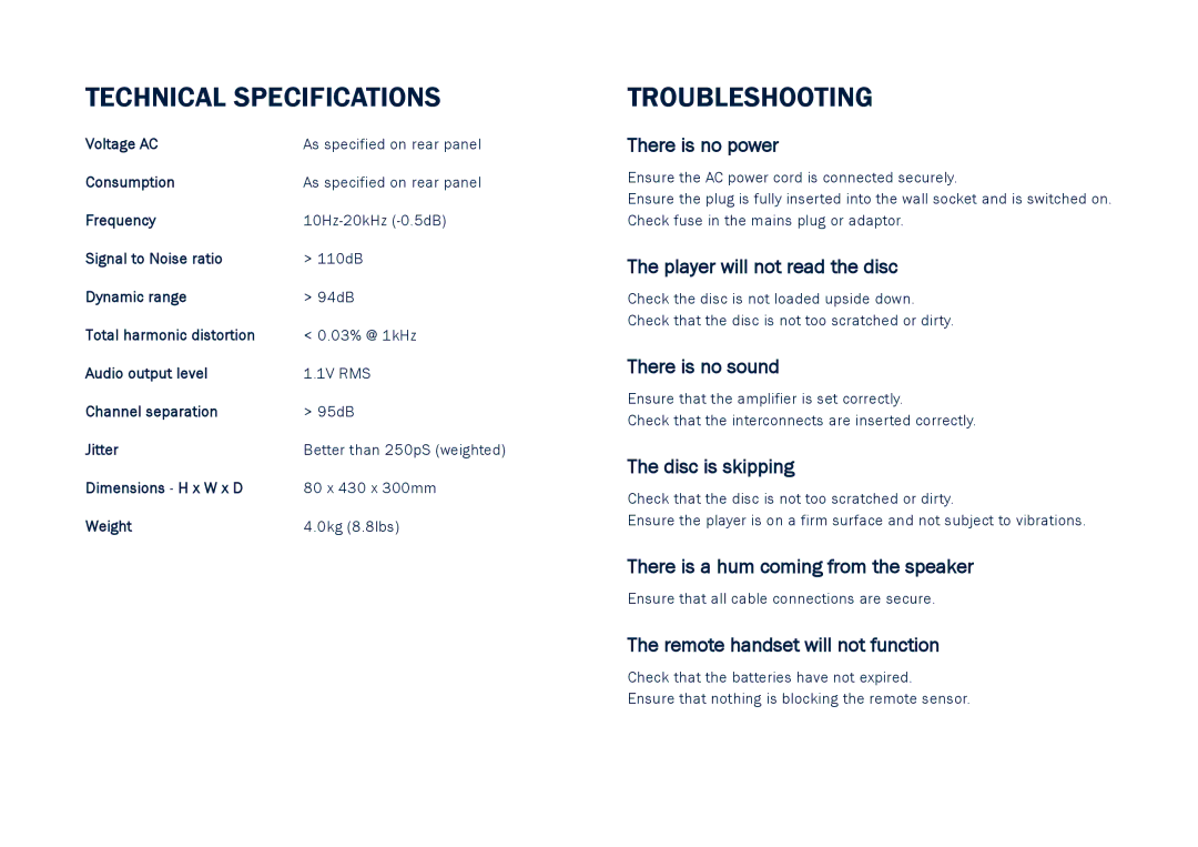 Cambridge Audio CD5 user manual Technical Specifications, Troubleshooting 