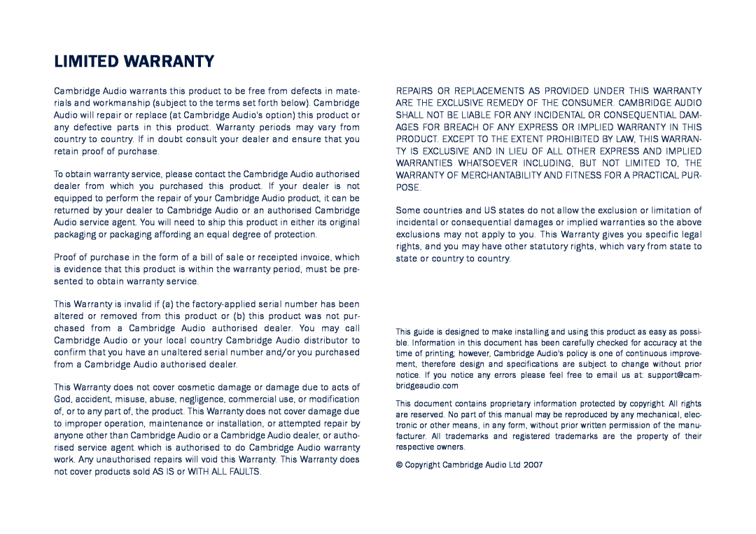 Cambridge Audio CD5 user manual Limited Warranty 