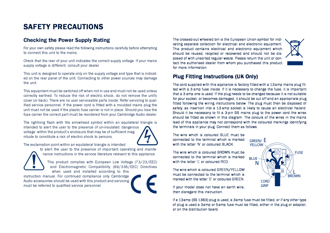 Cambridge Audio CD5 user manual Safety Precautions, Checking the Power Supply Rating, Plug Fitting Instructions UK Only 