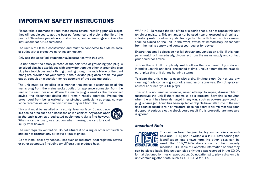 Cambridge Audio CD5 user manual Important Safety Instructions, Important Note 