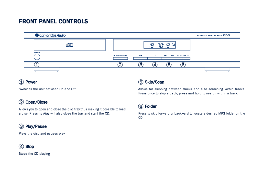 Cambridge Audio CD5 user manual Front Panel Controls, Power, Open/Close, Play/Pause, Stop, Skip/Scan, Folder 