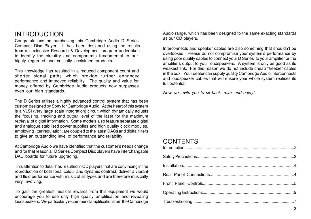 Cambridge Audio D-Series owner manual Introduction, Contents 