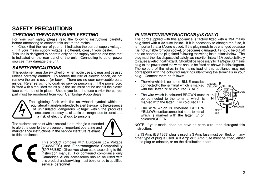 Cambridge Audio D-Series Safety Precautions, Checking the Power Supply Setting, Plug Fitting Instructions UK only 