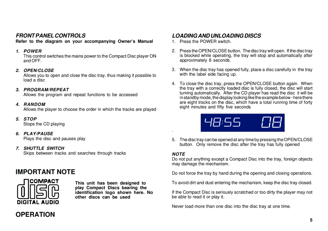 Cambridge Audio D-Series owner manual Important Note, Operation, Front Panel Controls, Loading and Unloading Discs 