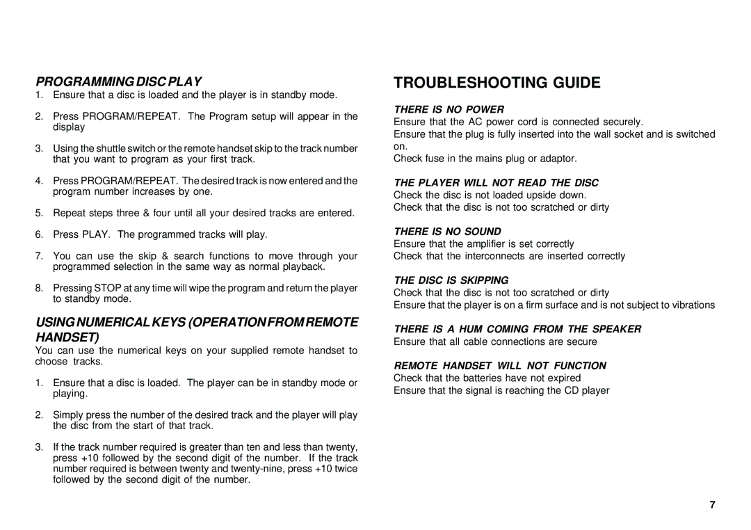 Cambridge Audio D-Series Troubleshooting Guide, Programming Disc Play, Using Numerical Keys Operation from Remote Handset 