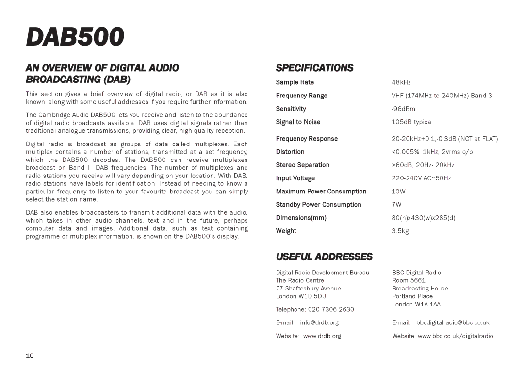 Cambridge Audio DAB500 owner manual AN Overview of Digital Audio Broadcasting DAB, Specifications, Useful Addresses 