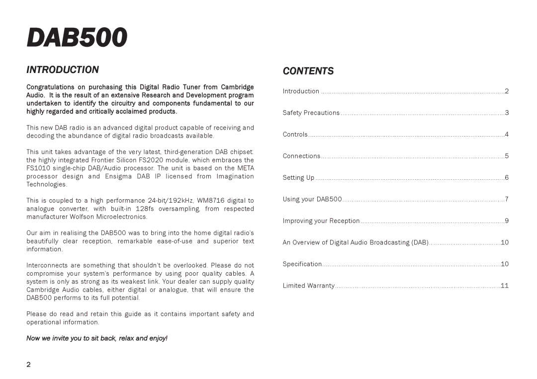 Cambridge Audio DAB500 owner manual Introduction, Contents 