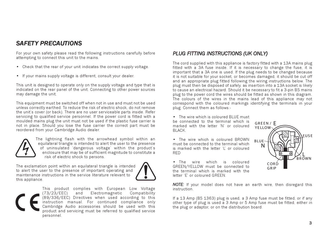 Cambridge Audio DAB500 owner manual Safety Precautions, Plug Fitting Instructions UK only 