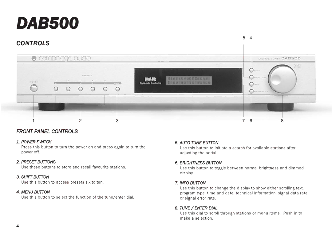 Cambridge Audio DAB500 owner manual Front Panel Controls 