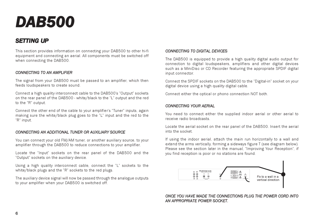 Cambridge Audio DAB500 Setting UP, Connecting to AN Amplifier, Connecting AN Additional Tuner or Auxiliary Source 