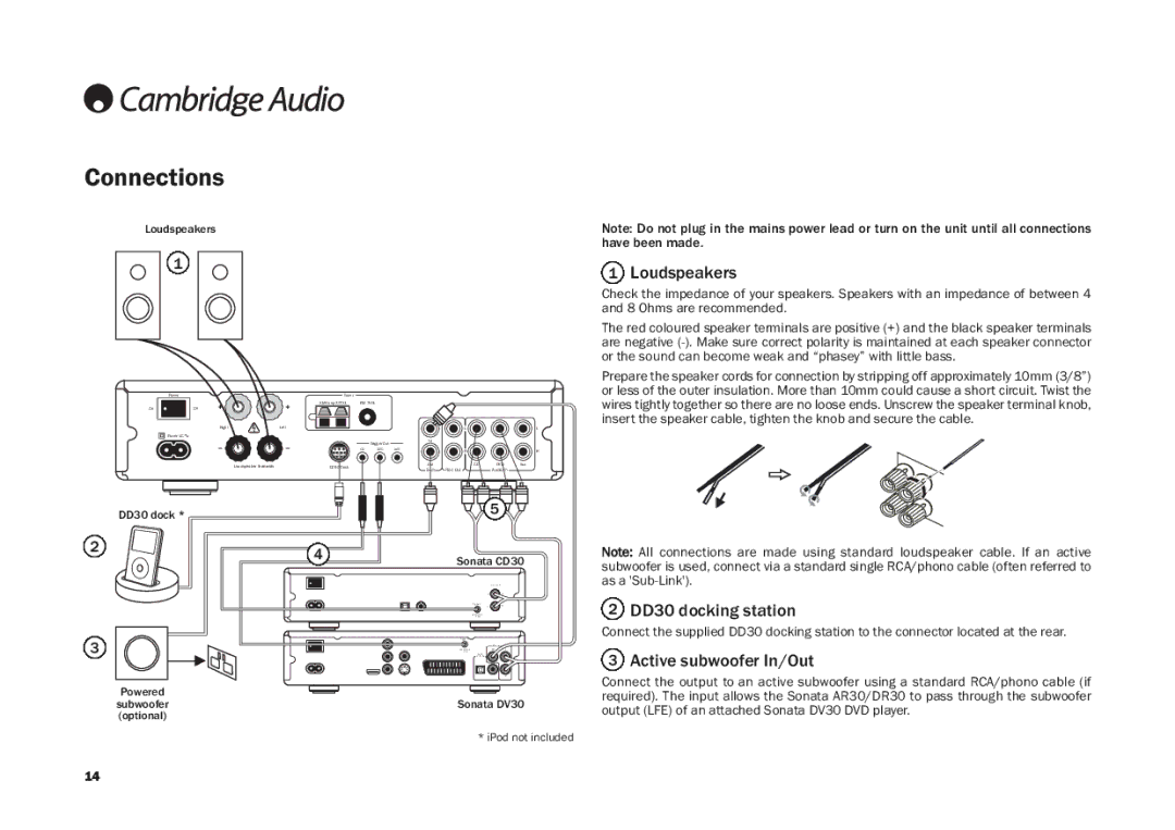 Cambridge Audio DR30, AR30 user manual Connections, DD30 docking station, Active subwoofer In/Out 