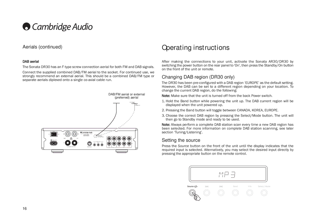 Cambridge Audio AR30 Operating instructions, Aerials, Changing DAB region DR30 only, Setting the source, DAB aerial 