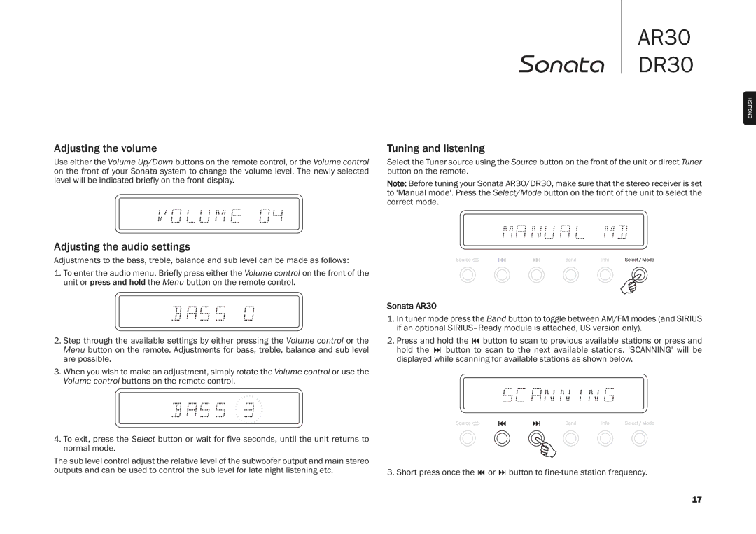 Cambridge Audio DR30 user manual Adjusting the volume, Tuning and listening, Adjusting the audio settings, Sonata AR30 