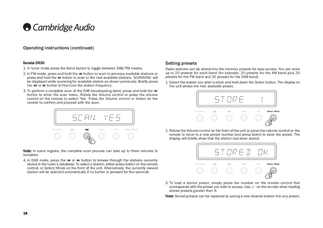 Cambridge Audio AR30 user manual Operating instructions, Setting presets, Sonata DR30 