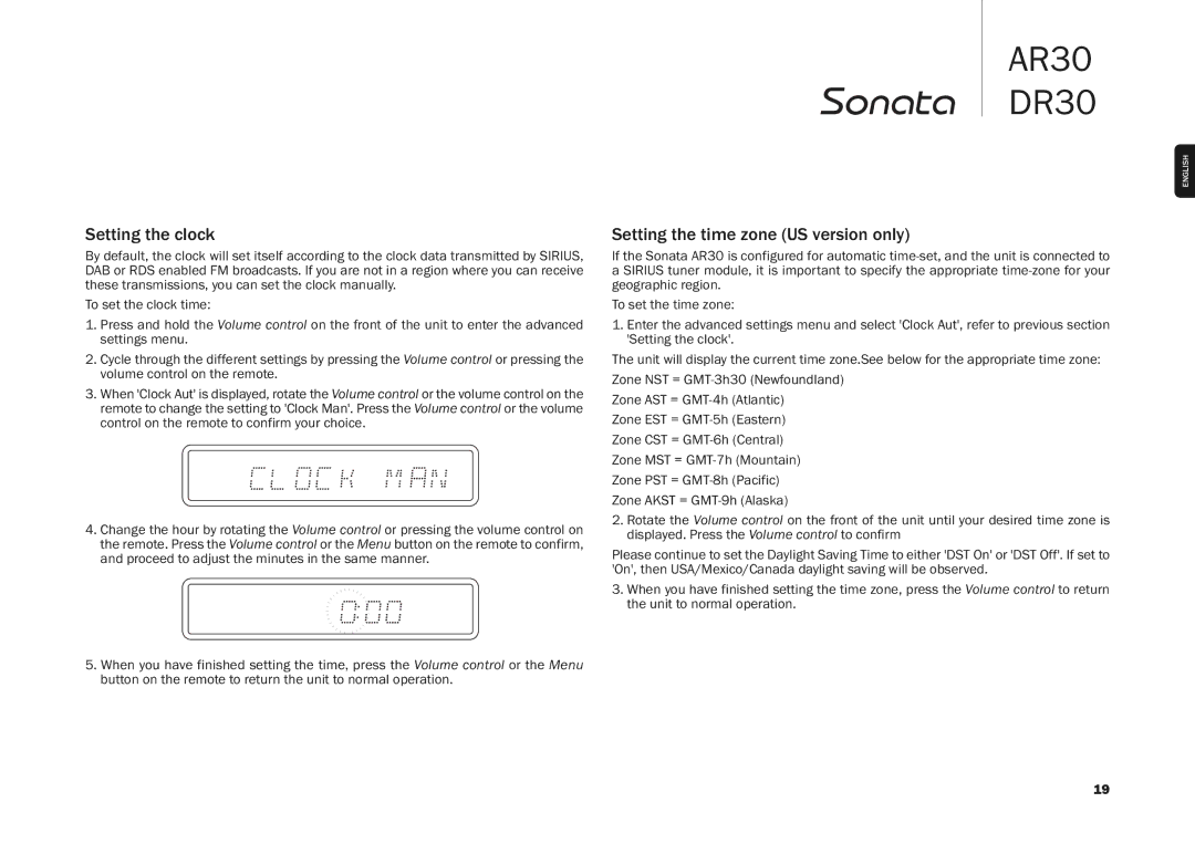 Cambridge Audio AR30, DR30 user manual Setting the clock, Setting the time zone US version only 