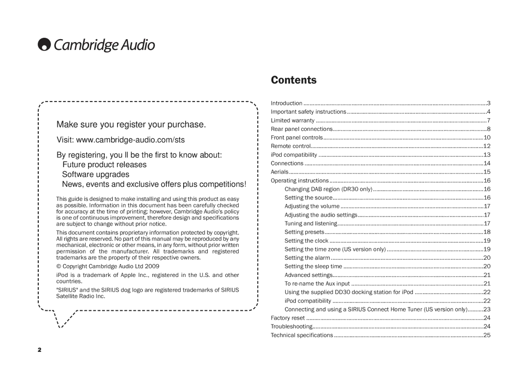 Cambridge Audio DR30, AR30 user manual Contents 