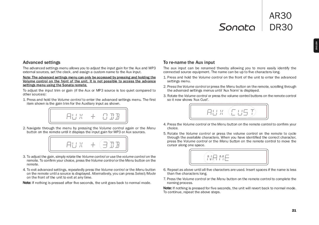 Cambridge Audio AR30, DR30 user manual Advanced settings, To re-name the Aux input 