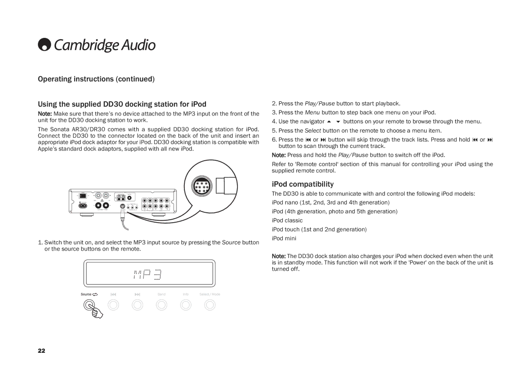 Cambridge Audio DR30, AR30 user manual IPod compatibility 