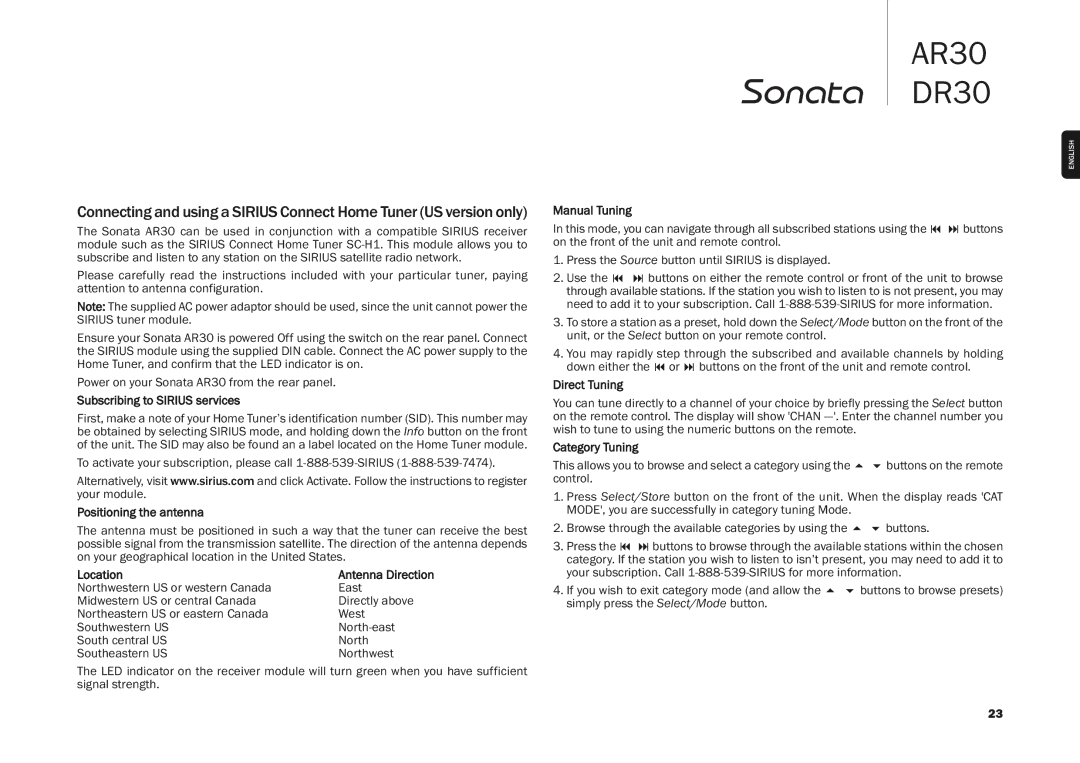 Cambridge Audio AR30, DR30 Subscribing to Sirius services, Positioning the antenna, Location, Manual Tuning, Direct Tuning 