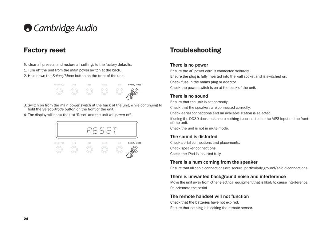 Cambridge Audio DR30, AR30 user manual Factory reset Troubleshooting 