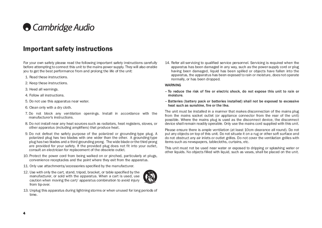 Cambridge Audio DR30, AR30 user manual Important safety instructions 