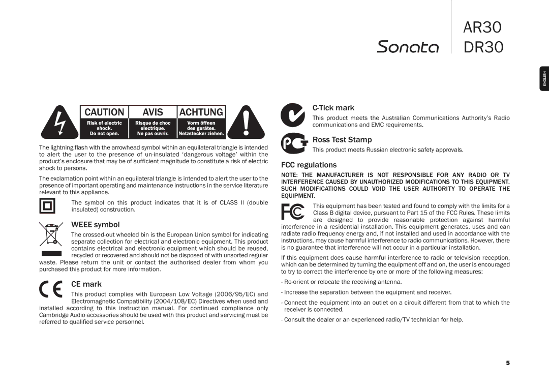 Cambridge Audio AR30, DR30 user manual Weee symbol, CE mark, Tick mark, Ross Test Stamp, FCC regulations 