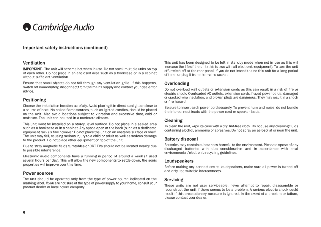 Cambridge Audio DR30, AR30 Important safety instructions Ventilation, Positioning, Power sources, Overloading, Cleaning 