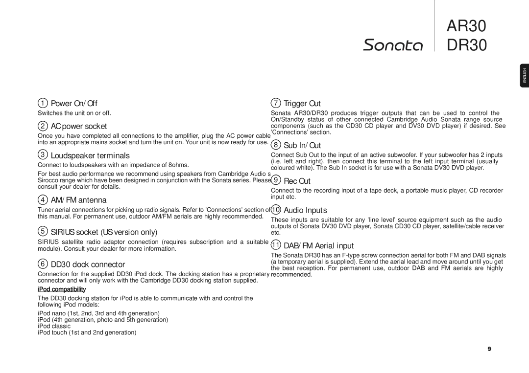 Cambridge Audio AR30 Power On/Off, AC power socket, Loudspeaker terminals, AM/FM antenna, Sirius socket US version only 