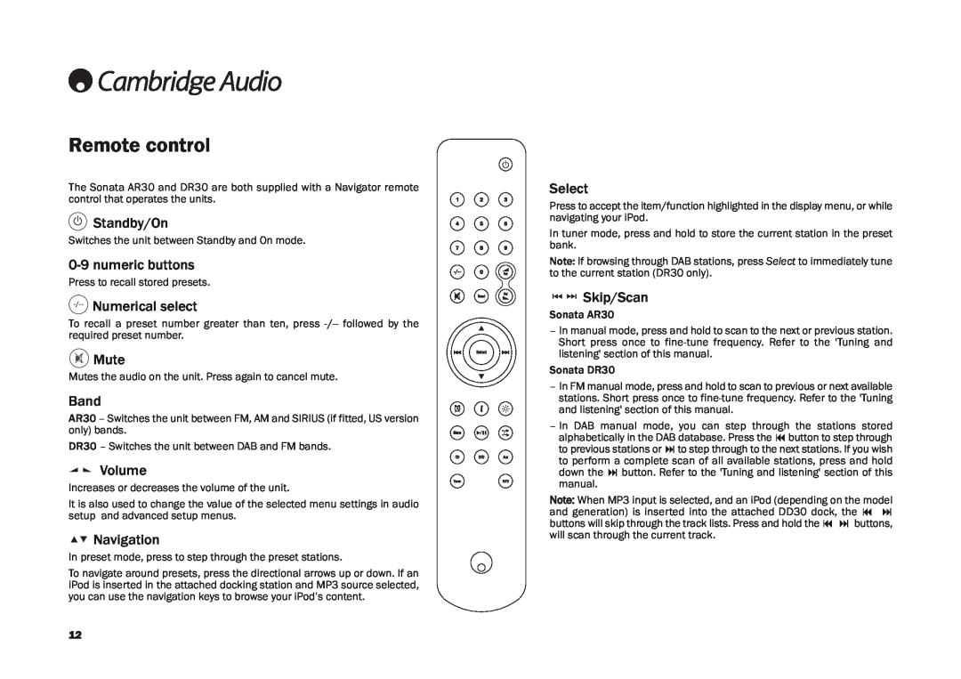 Cambridge Audio DR30 Remote control, Standby/On, 0-9numeric buttons, Numerical select, Mute, Band, Volume, Navigation 
