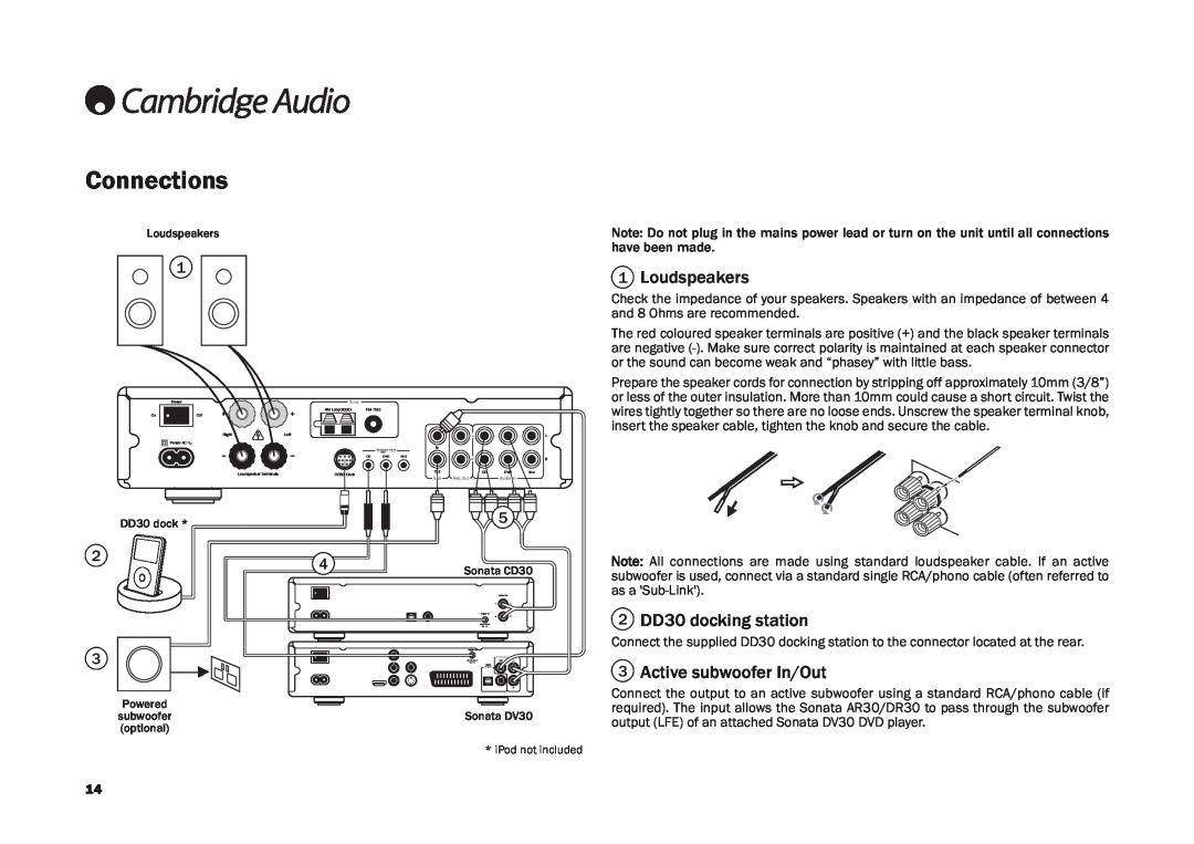 Cambridge Audio DR30, AR30 user manual Connections, 1Loudspeakers, 2DD30 docking station, 3Active subwoofer In/Out 