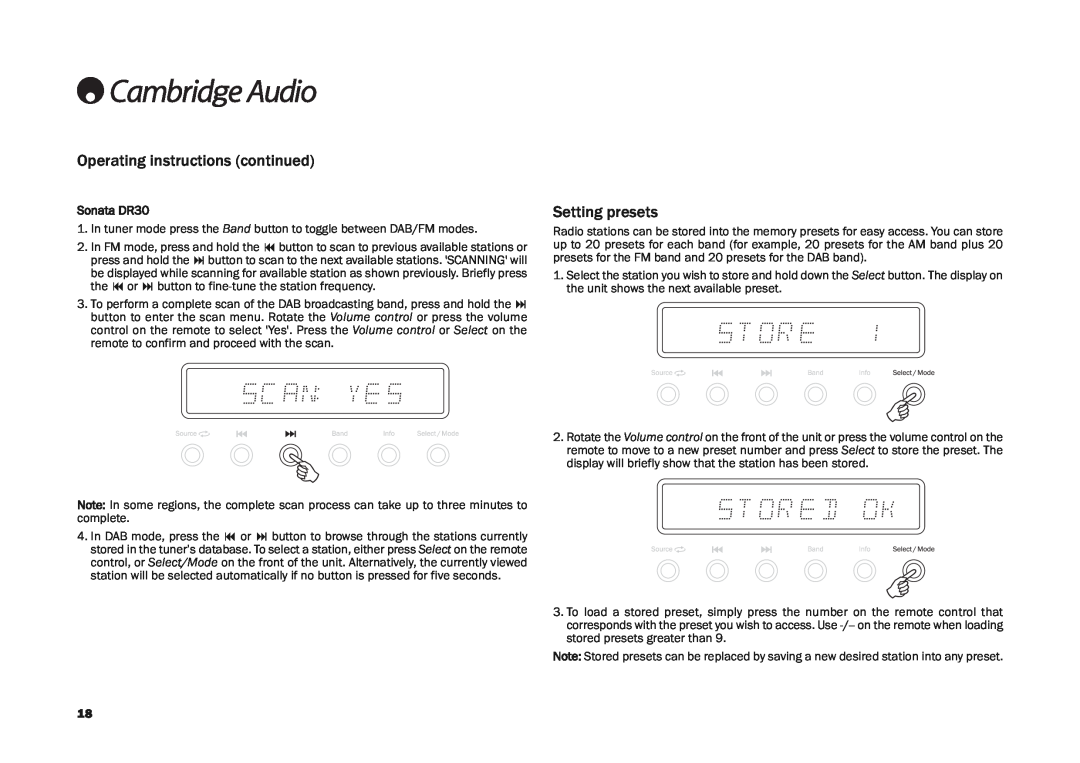 Cambridge Audio AR30 user manual Operating instructions continued, Setting presets, Sonata DR30 