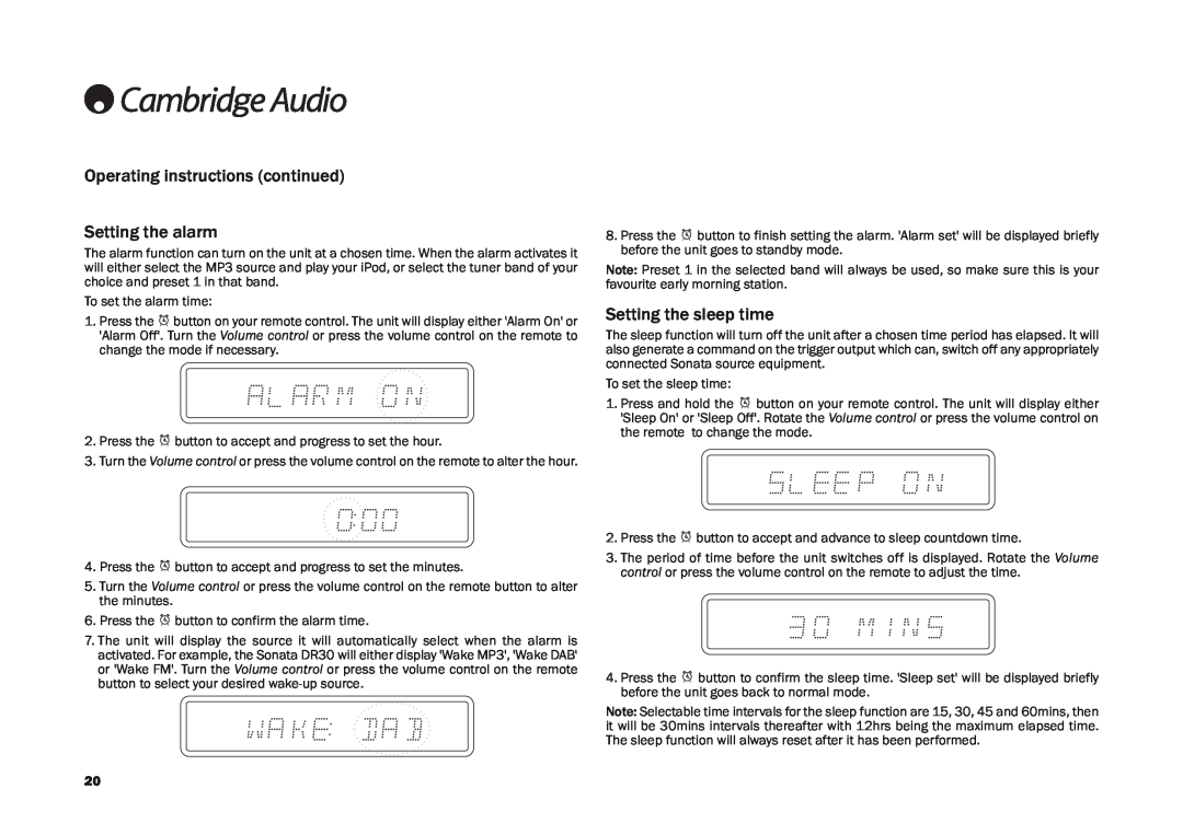 Cambridge Audio DR30, AR30 user manual Setting the alarm, Setting the sleep time, Operating instructions continued 