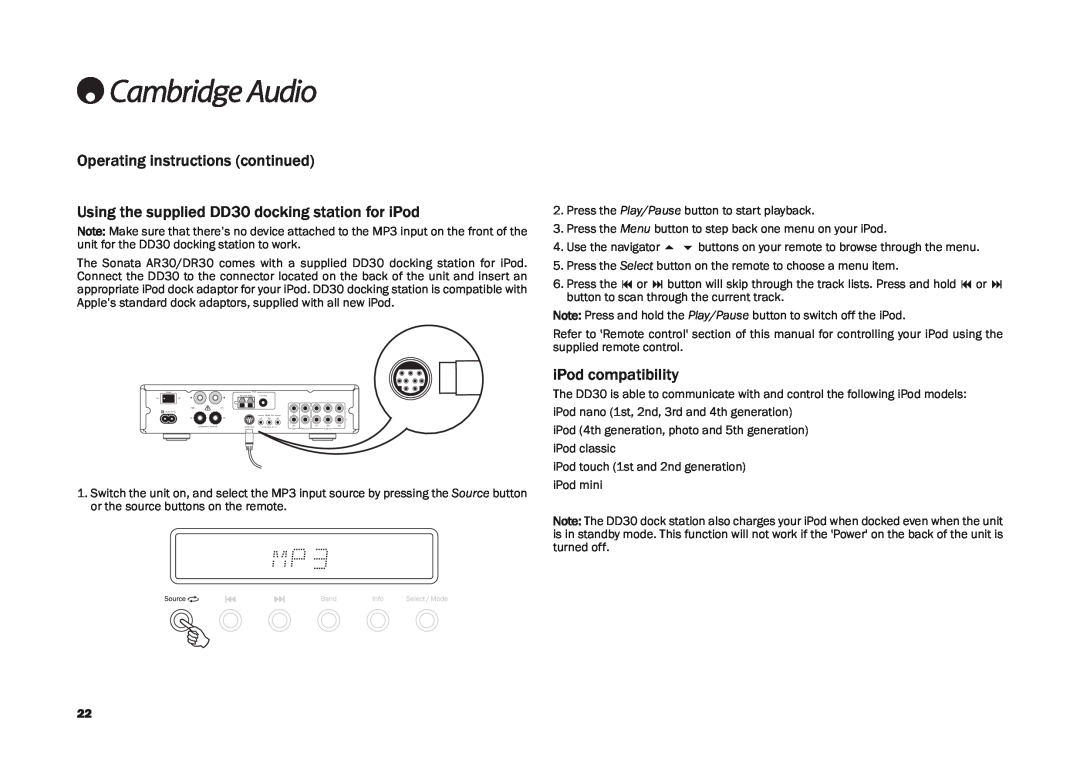 Cambridge Audio DR30, AR30 user manual Using the supplied DD30 docking station for iPod, iPod compatibility 
