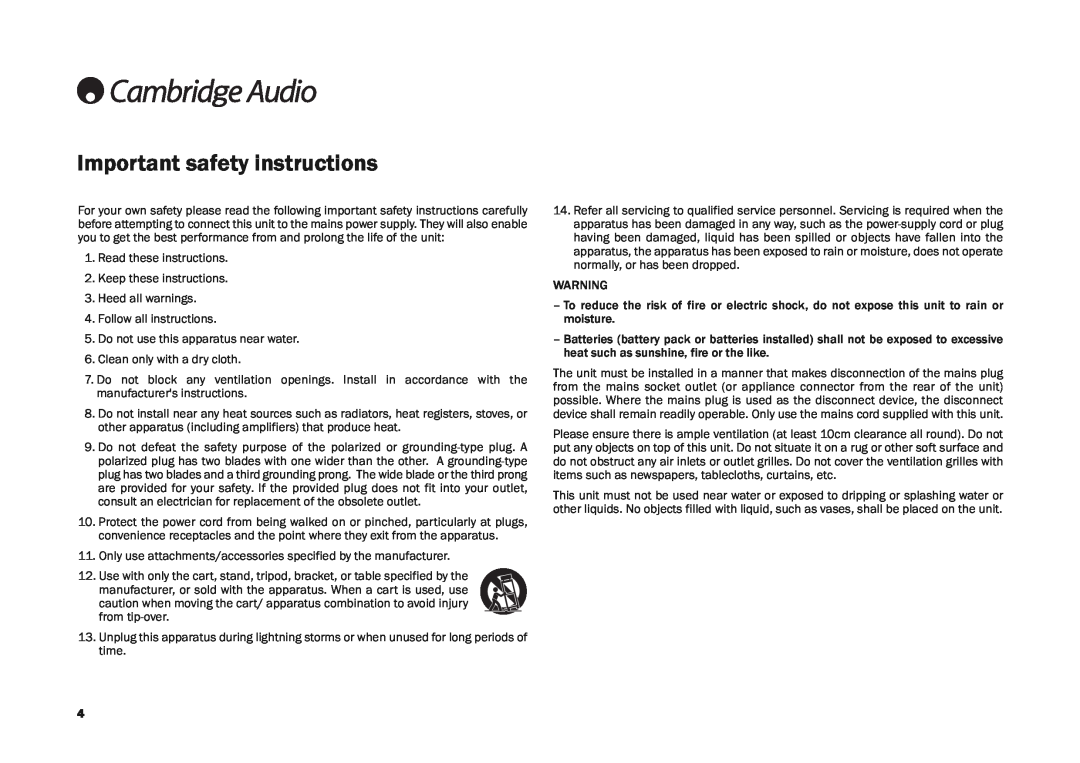 Cambridge Audio DR30, AR30 user manual Important safety instructions 