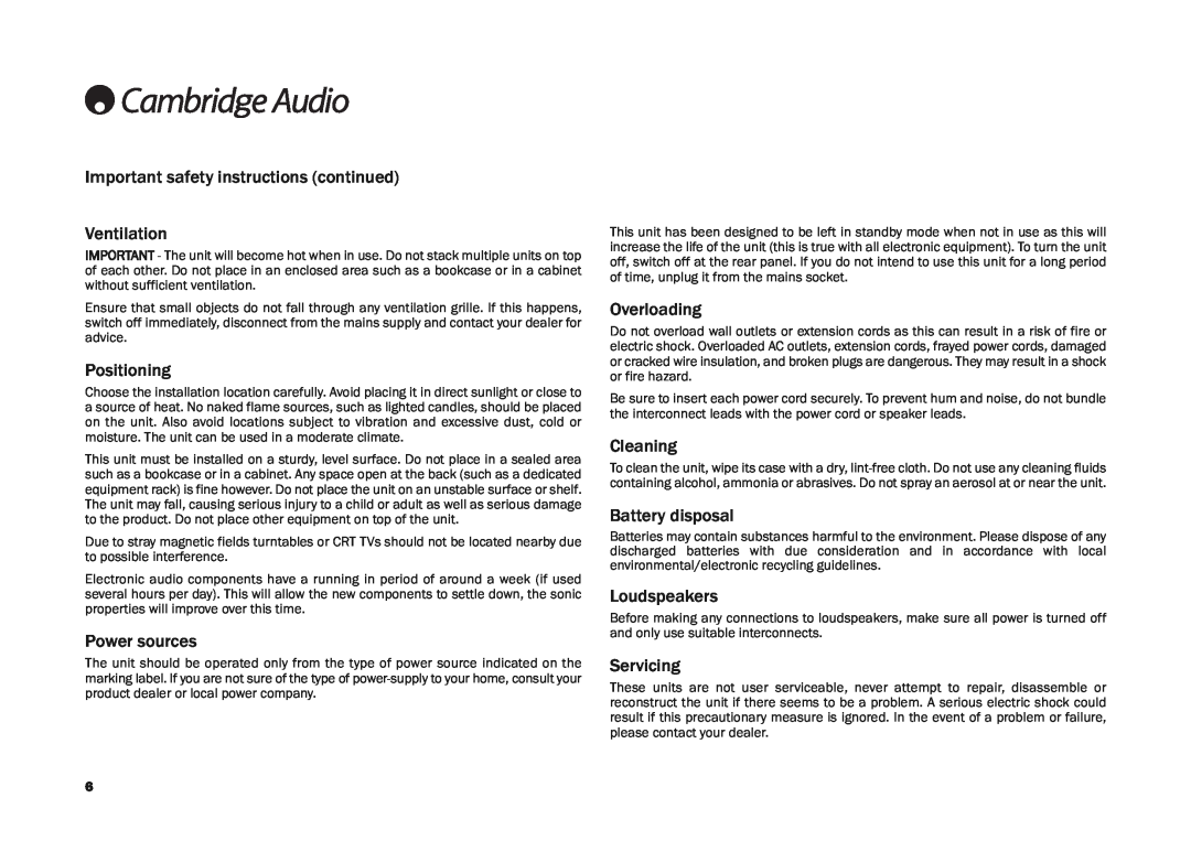 Cambridge Audio DR30, AR30 Important safety instructions continued, Ventilation, Positioning, Power sources, Overloading 
