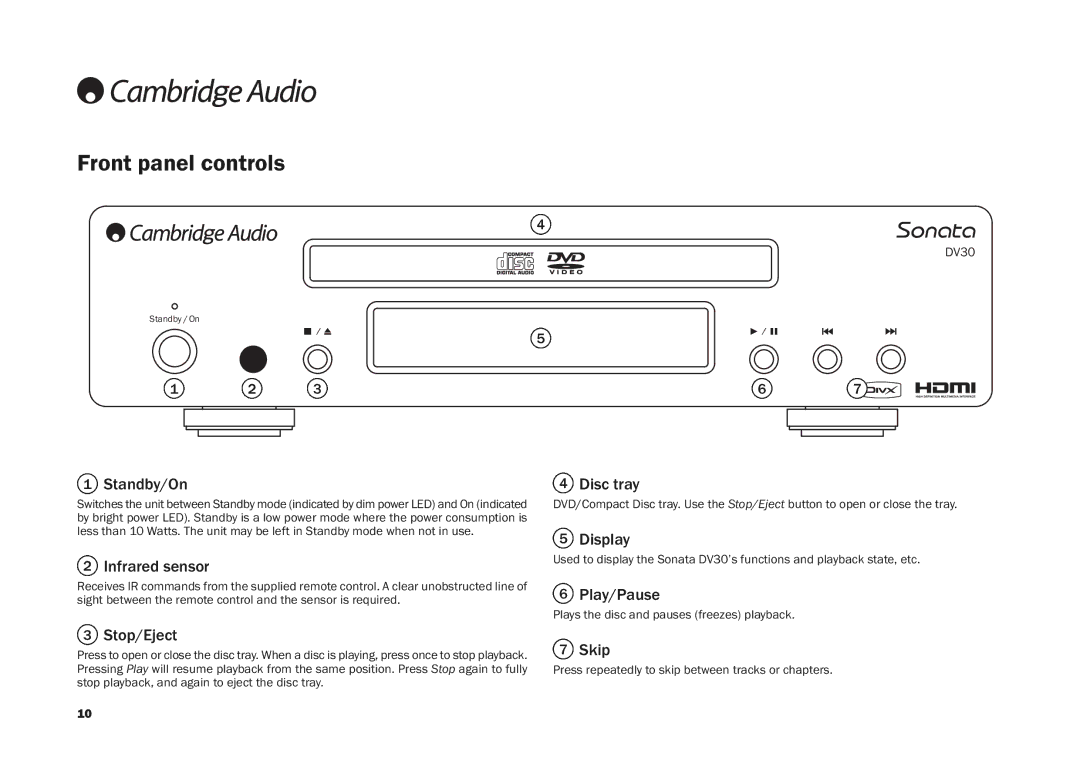 Cambridge Audio DV30 user manual Front panel controls 