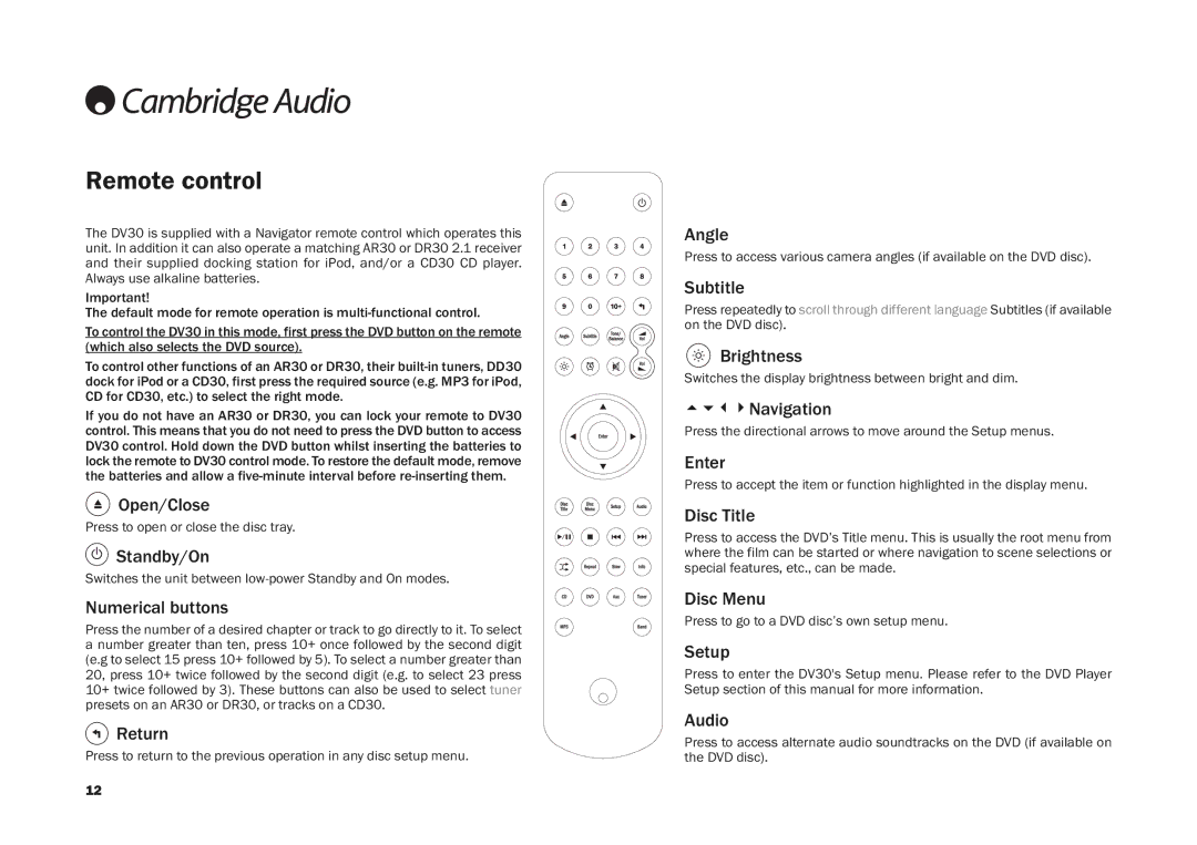 Cambridge Audio DV30 user manual Remote control 