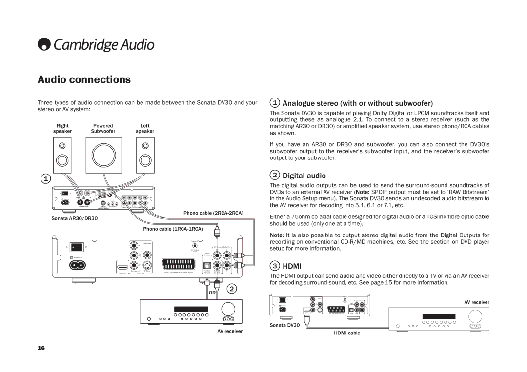 Cambridge Audio DV30 user manual Audio connections, Analogue stereo with or without subwoofer, Digital audio 