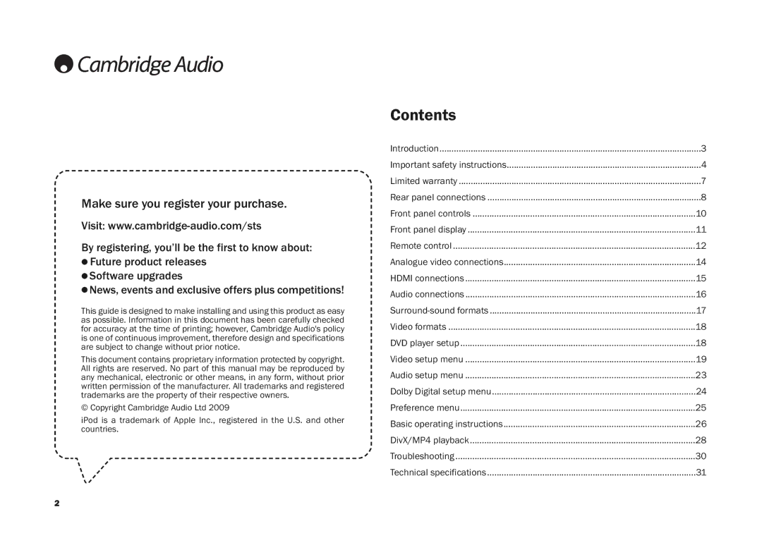 Cambridge Audio DV30 user manual Contents 