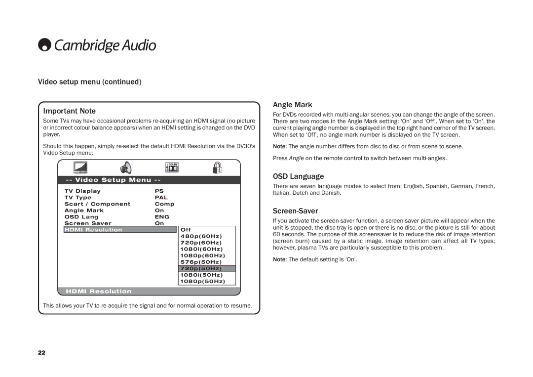 Cambridge Audio DV30 user manual Video setup menu Important Note, Angle Mark, OSD Language, Screen-Saver 