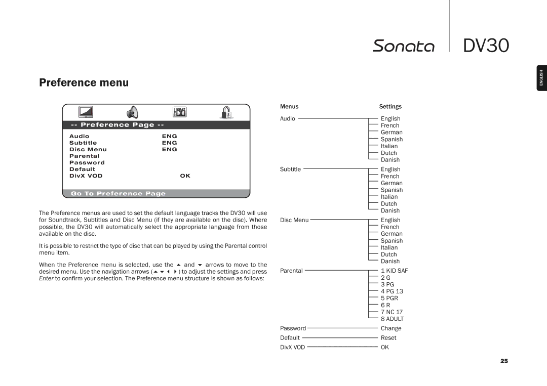 Cambridge Audio DV30 user manual Preference menu, Subtitle 