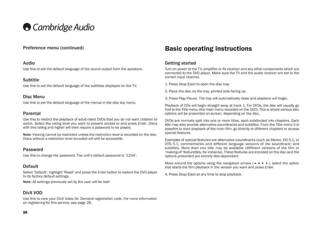 Cambridge Audio DV30 user manual Basic operating instructions 