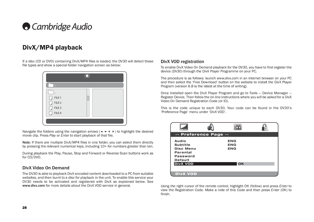 Cambridge Audio DV30 user manual DivX/MP4 playback, DivX Video On Demand DivX VOD registration 